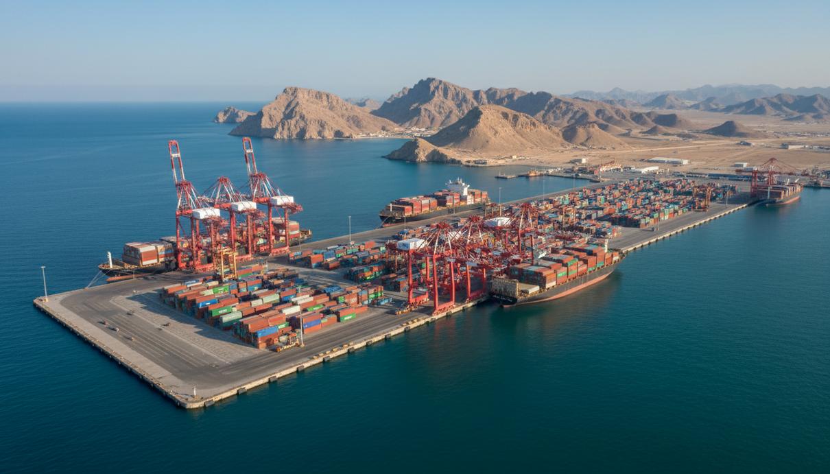 DP World построит терминалы в Фуджейре для разгрузки Ормузского пролива Грузовой морской порт с высокими кранами и штабелями контейнеров на фоне гор и залива