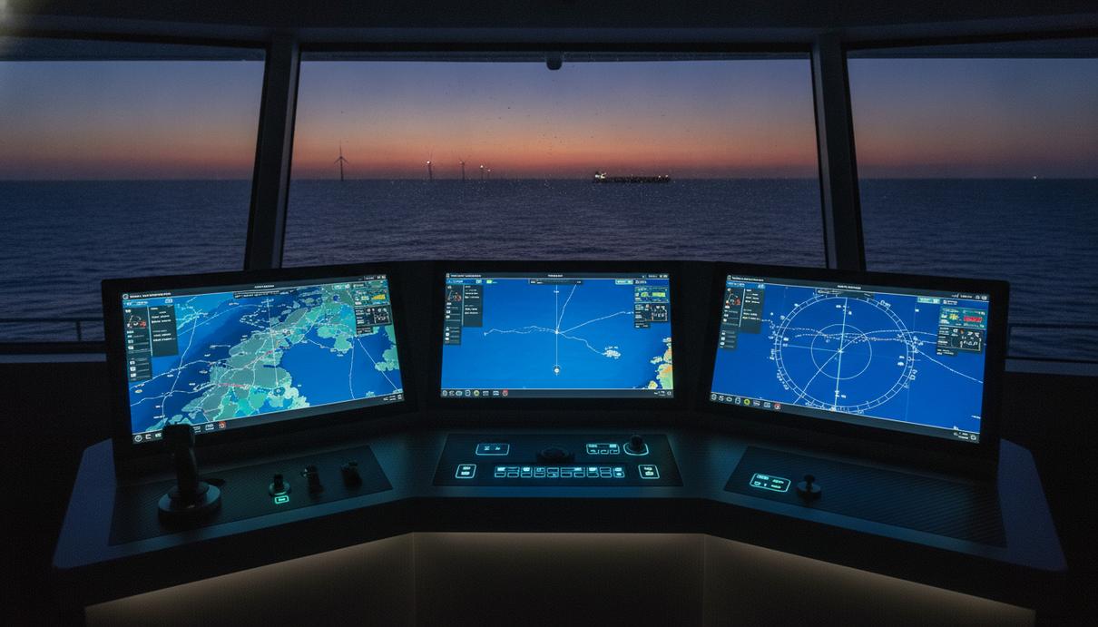 DBMatic и Weforsea Shipping создали ИТ-компанию для мониторинга судов Современная навигационная панель на капитанском мостике судна с цифровыми графиками на мониторах