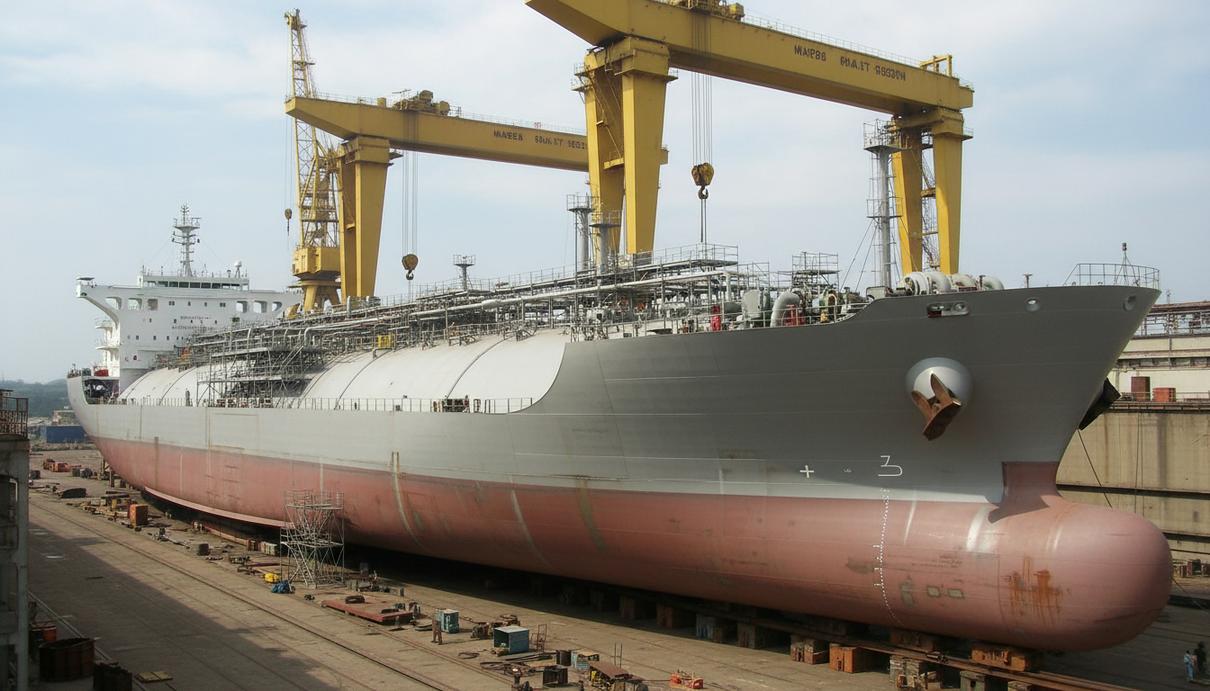 Nord Gas Solutions оснастит восемь новых сверхкрупных газовозов для BW LPG Корпус крупного танкера для перевозки газа в строительном доке среди портовых кранов и металлоконструкций.