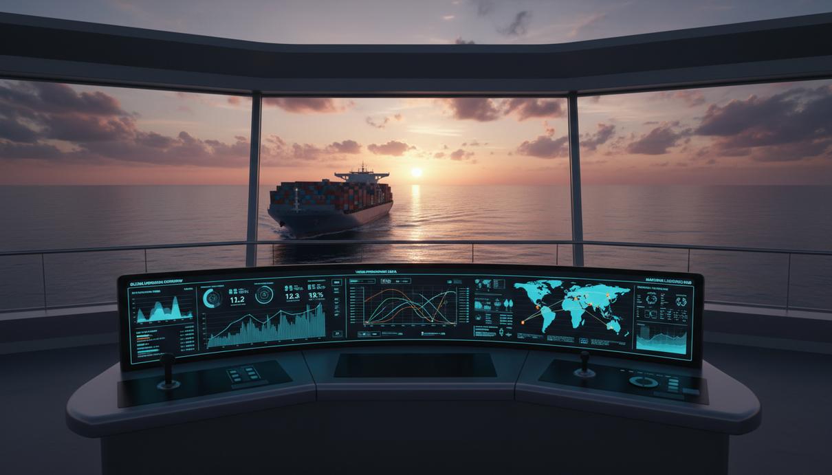 Ahti Climate и DNV автоматизировали передачу данных для FuelEU Maritime Цифровой экран с графиками выбросов парниковых газов на фоне грузового судна в море