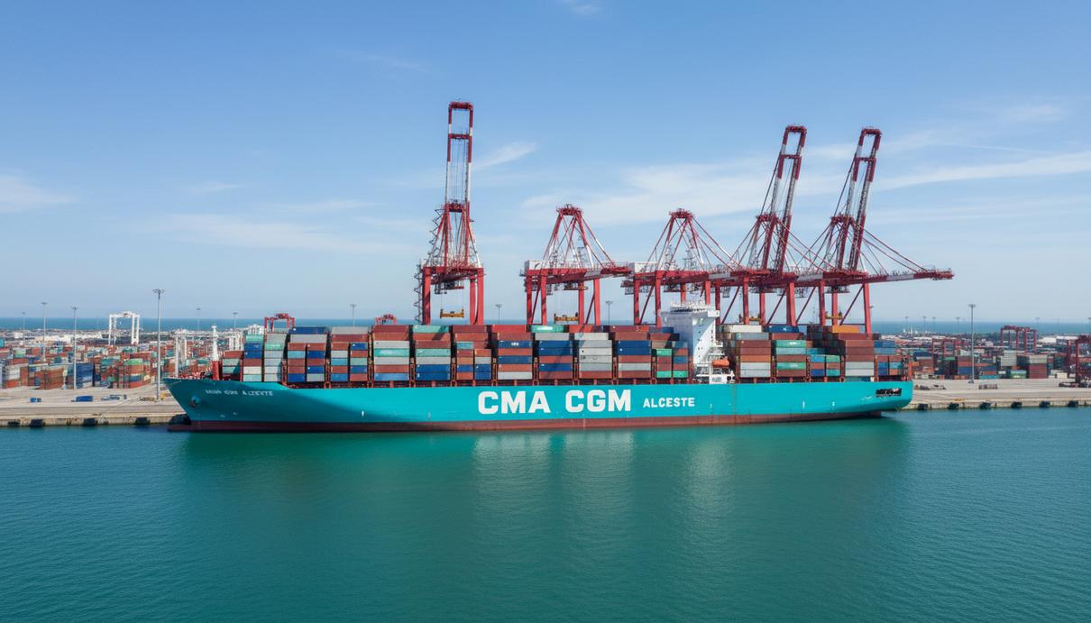 Бирюзовый контейнеровоз CMA CGM ALCESTE у причала в морском порту под погрузочными кранами