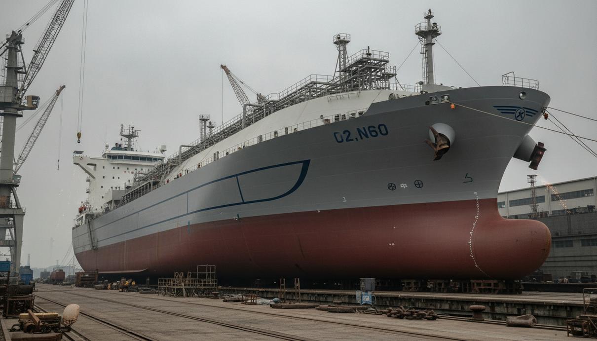 Avenir LNG спустила на воду танкер-бункеровщик для работы с ExxonMobil Большое специализированное судно для перевозки сжиженного газа у причала судостроительного завода.