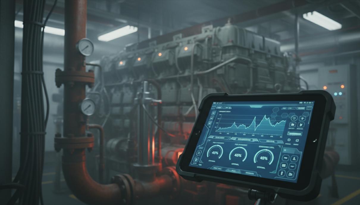 Планшет с графиками производительности двигателя и расхода топлива на фоне промышленного оборудования судна