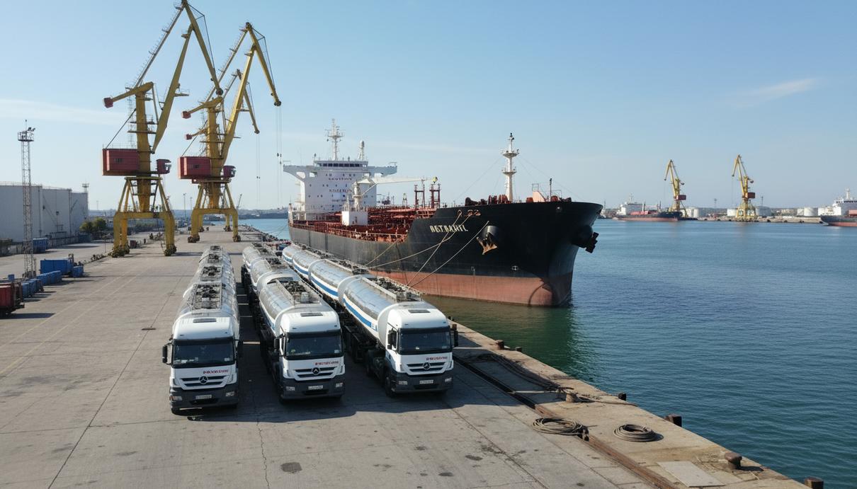 Alkagesta начала бункеровку судов в румынском порту Констанца Топливные автоцистерны на причале морского порта Констанца на фоне грузового судна и портовых кранов.